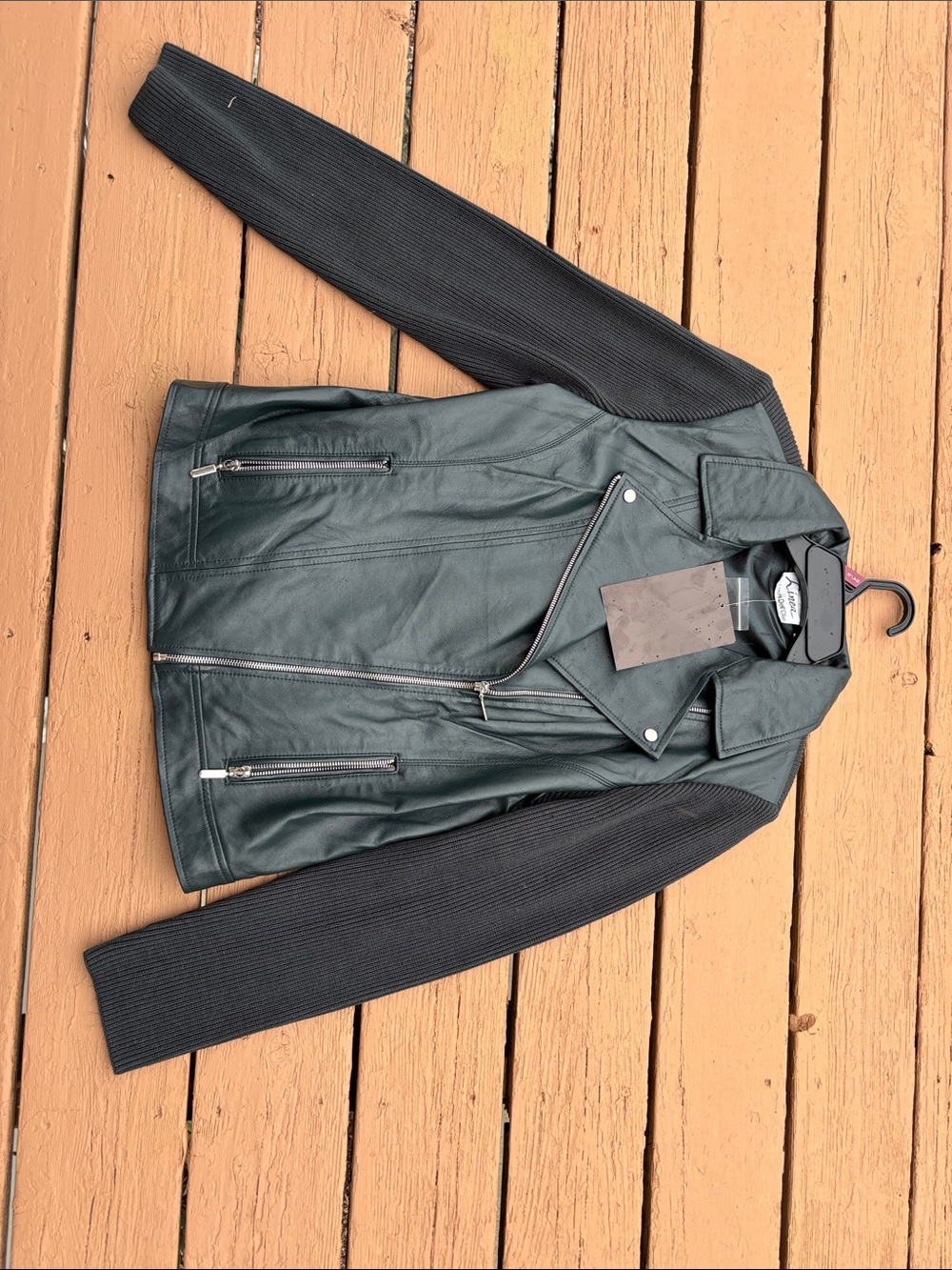 Womens Black Leather Moto Jacket with Knit Sleeves